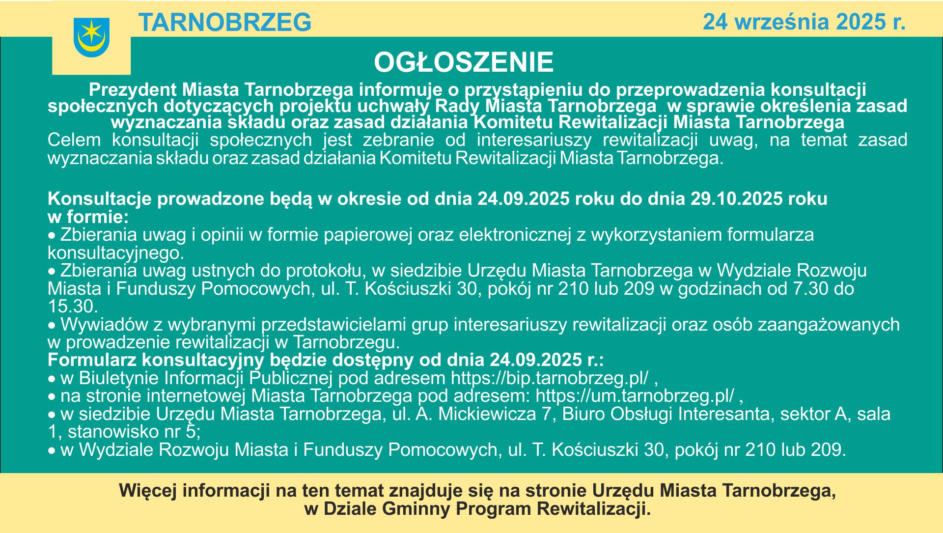 Konsultacje społeczne w sprawie określenia zasad wyznaczania składu oraz zasad działania Komitetu Rewitalizacji Miasta Tarnobrzega